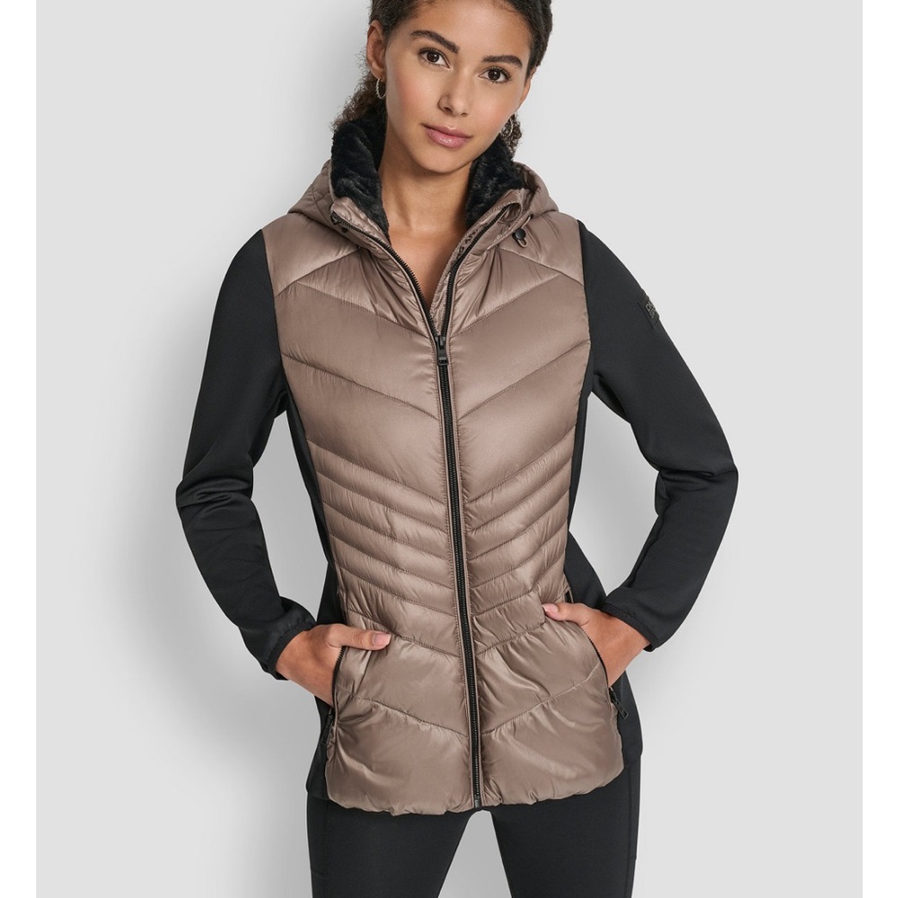 DKNY Women's Black and Brown Quilted Jacket
